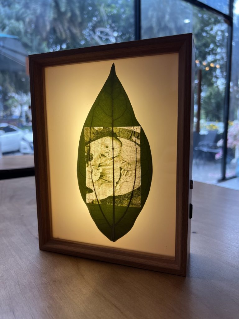 Baby photo printed on leaf in LED frame.