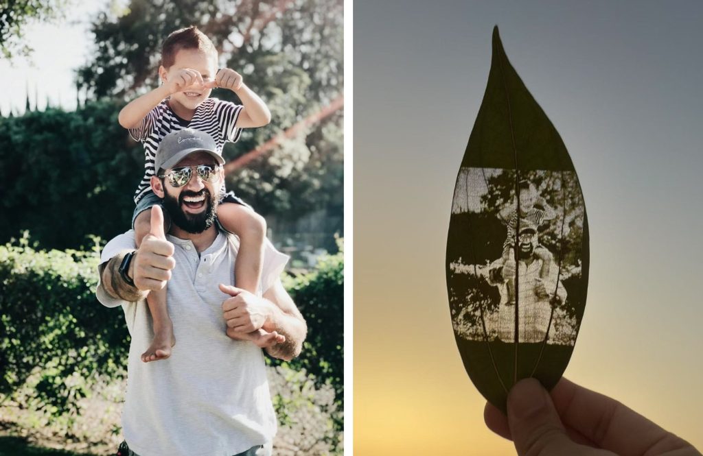Son on dads shoulder picture on leaf as fathers day gift