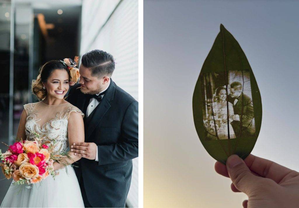 Laser print picture on leaf as wedding gift.