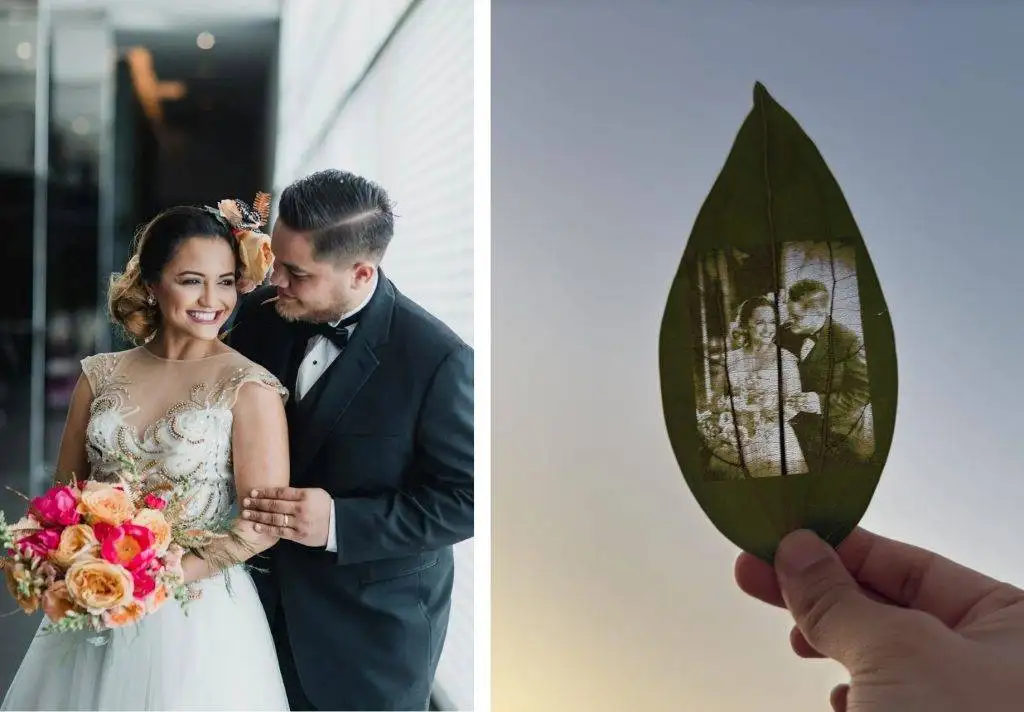 Laser print picture on leaf as wedding gift.