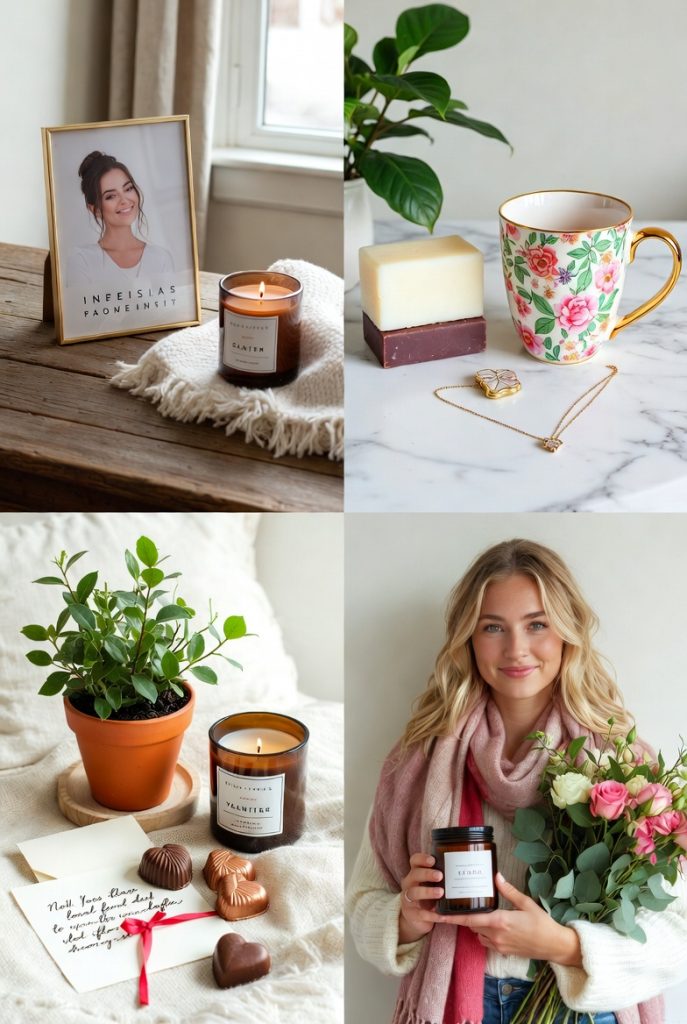 Pop art style illustration of a smiling woman holding a jar candle and bouquet of roses, vibrant yellow comic background – fun valentines gifts for her vibe.