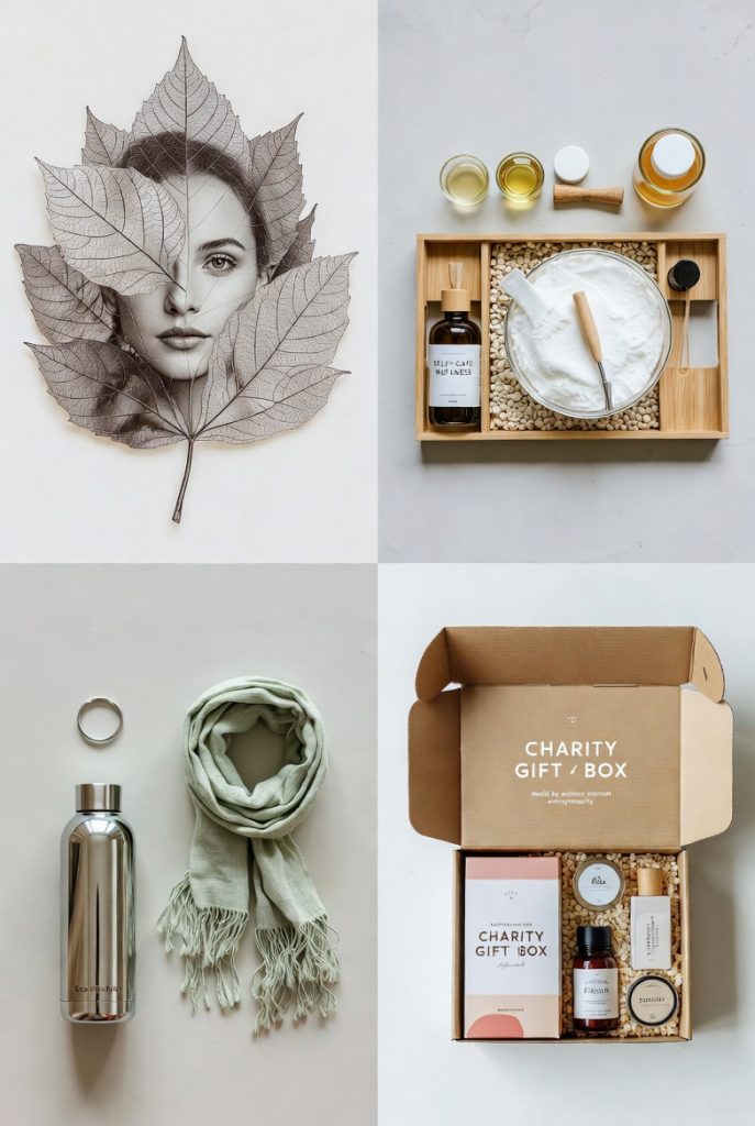 Flat lay of International Women's Day 2026 gift ideas showing self-care bath set, custom jewelry, eco bottle and scarf, experience tickets in pretty grid layout.