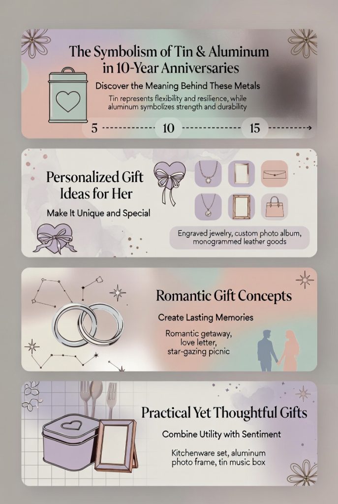 omantic gift concepts infographic for 10th anniversary showing heart-shaped lockets, custom photo frames, love letters and experiential gifts in soft colors.