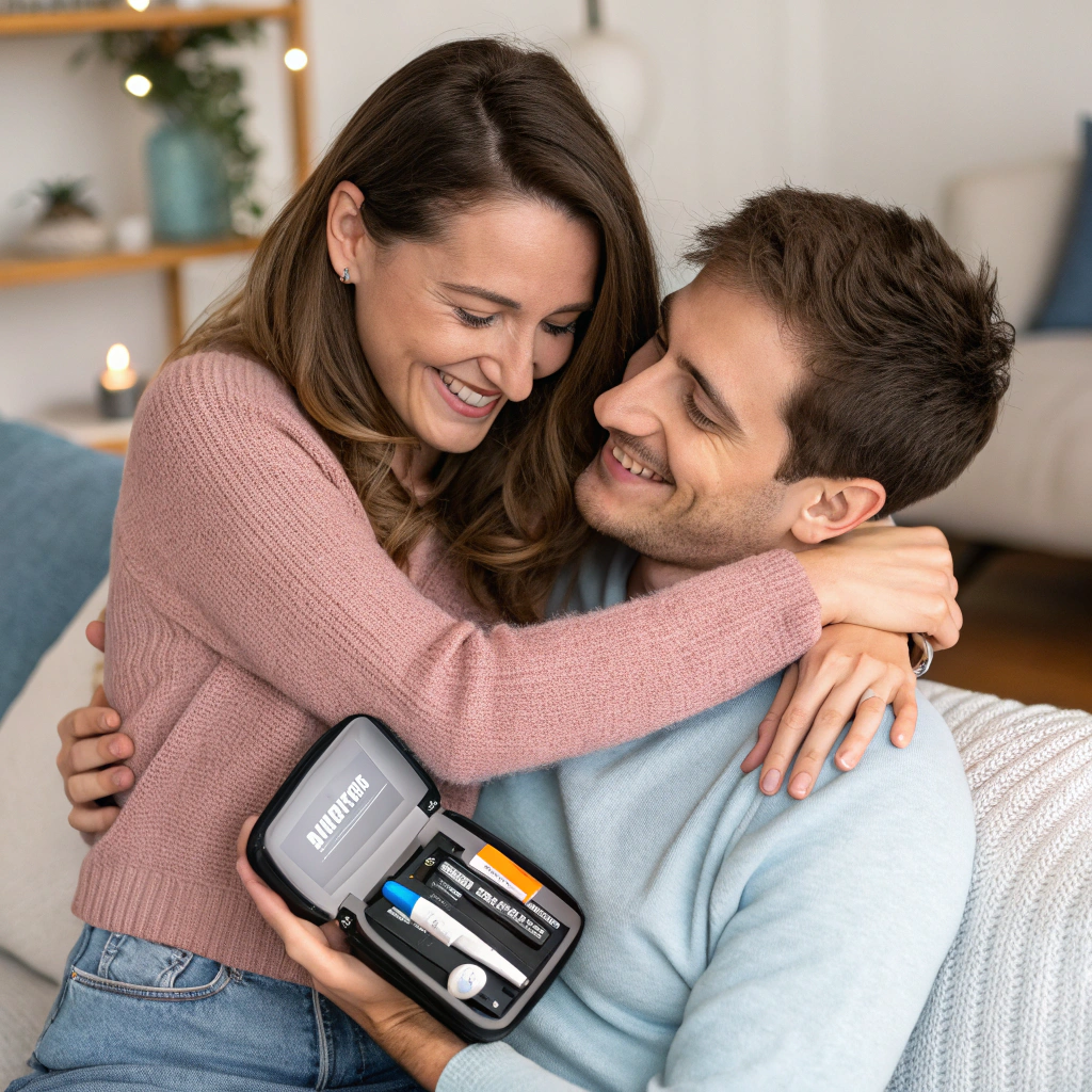 Romantic couple sharing a hug and a gift — happy girlfriend wrapping arms around her boyfriend from behind with a beautifully wrapped box, soft warm lighting and Christmas tree glow, great visual for cheap valentines gifts for him.