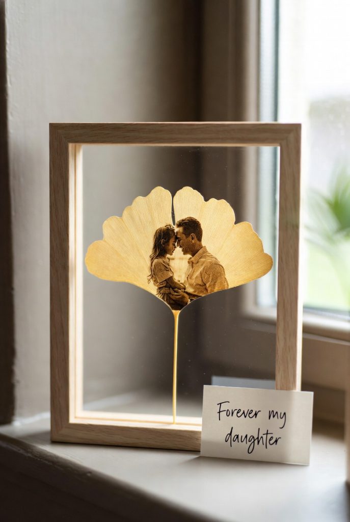 Custom picture on leaf framed art featuring a tender mother-daughter photo engraved on a real ginkgo leaf, displayed in a minimalist wooden frame with a handwritten note saying "Forever my daughter". Elegant and sentimental Mothers Day Gift for Daughter keepsake in soft natural light.