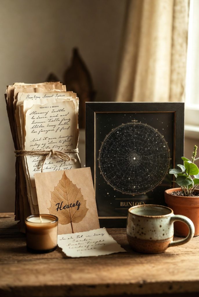 Heartfelt budget-friendly birthday gifts featuring letter bundle, personalized star map and delicate leaf portrait, ideal meaningful birthday gifts full of love.