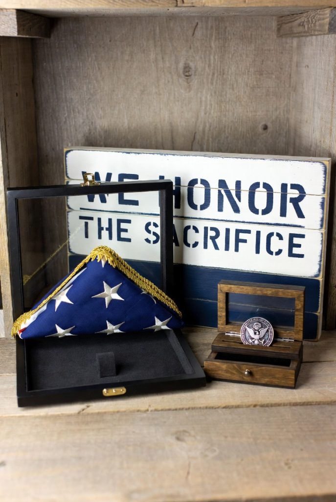 Folded flag display case and veteran challenge coin holder with honor sign, meaningful military Patriotic Gifts to celebrate service and sacrifice.