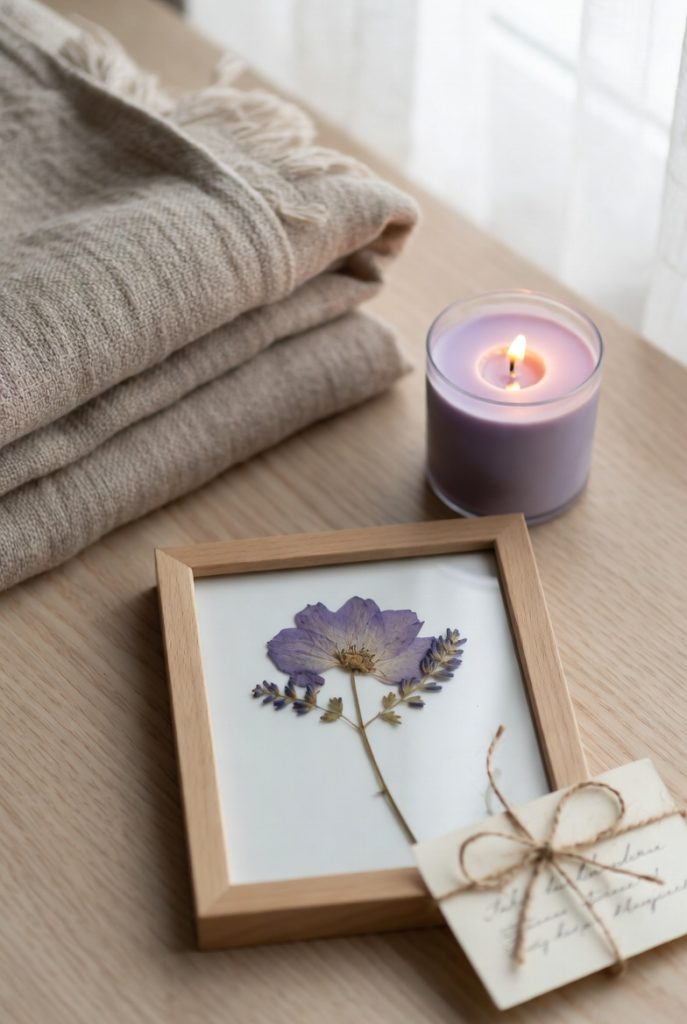 A soft, calming flat lay on a light wooden table featuring sympathy gifts: a neatly folded beige throw blanket, a lit lavender-scented candle with a gentle flame, a delicate pressed purple flower in a minimalist wooden frame, and a small handwritten note tied with twine. The scene is bathed in gentle natural window light, creating a peaceful and comforting atmosphere with soft neutral tones.