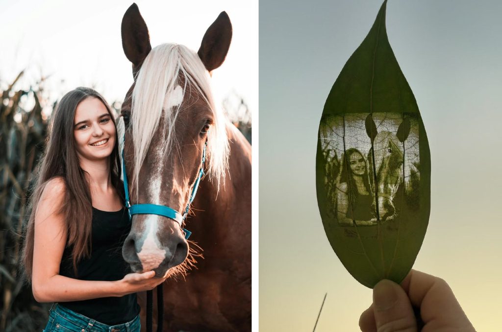 Girl with her horse and the same photo beautifully transferred onto a preserved leaf portrait, perfect pet photo on leaf portrait example.