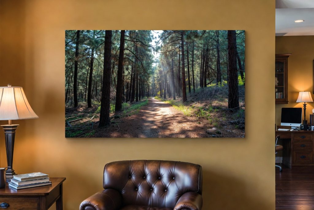 Personalized Nature Art Prints for Him – forest landscape canvas in home office.