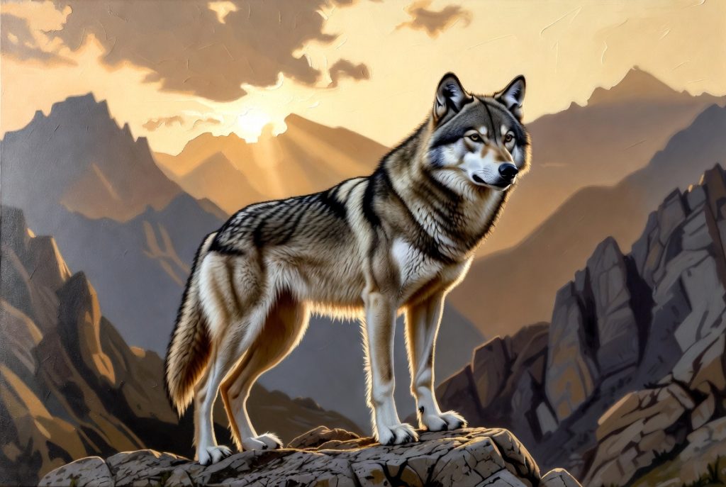 Personalized wildlife nature art print for him – a strong wolf standing on rocky terrain with mountain backdrop, masculine adventure style