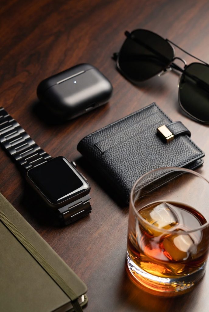 Premium gift ideas for men 2026 flat lay with smartwatch, leather wallet, earbuds, sunglasses, and whiskey on dark wood.