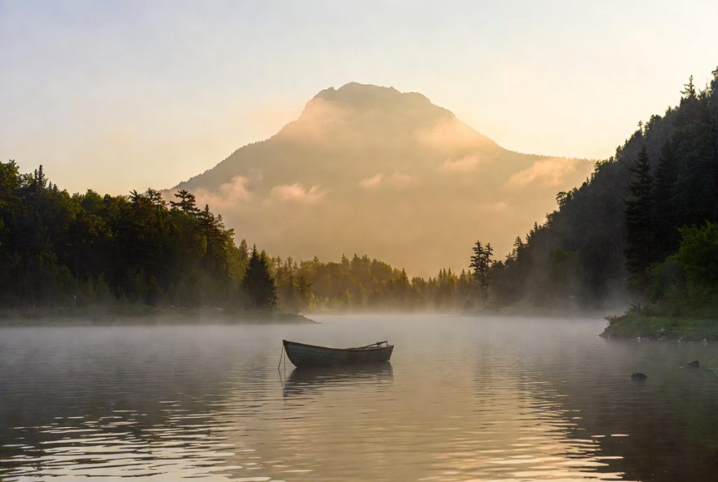 Personalized nostalgic fishing lake nature art print for him – calm mountain lake with fishing boat and forest shoreline