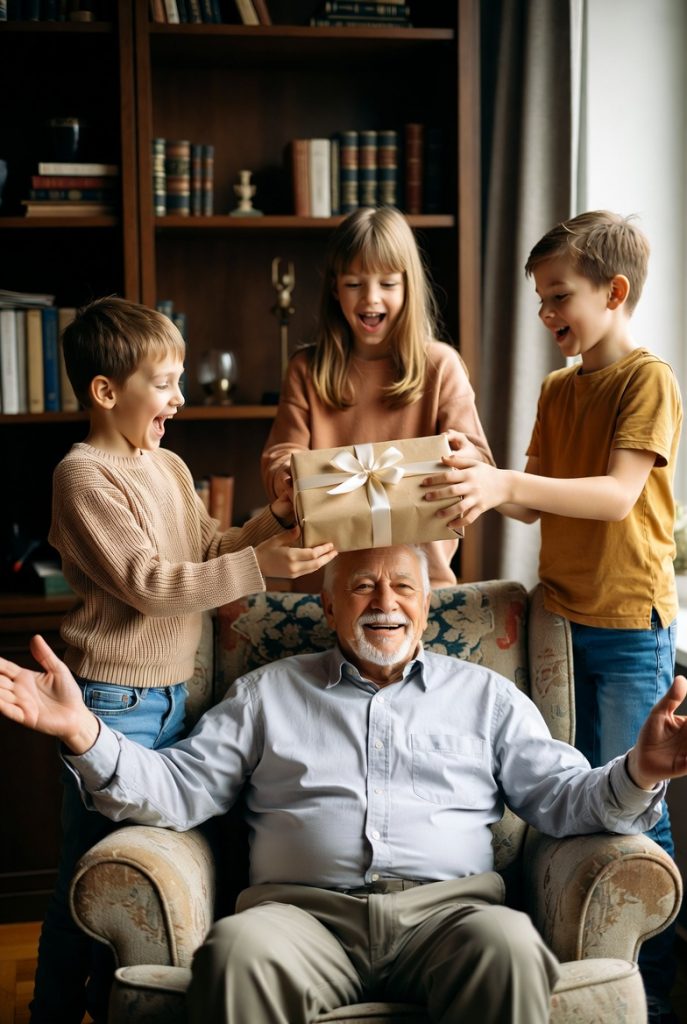 Grandfather Fathers Day Gift from grandchildren – happy family moment with grandpa