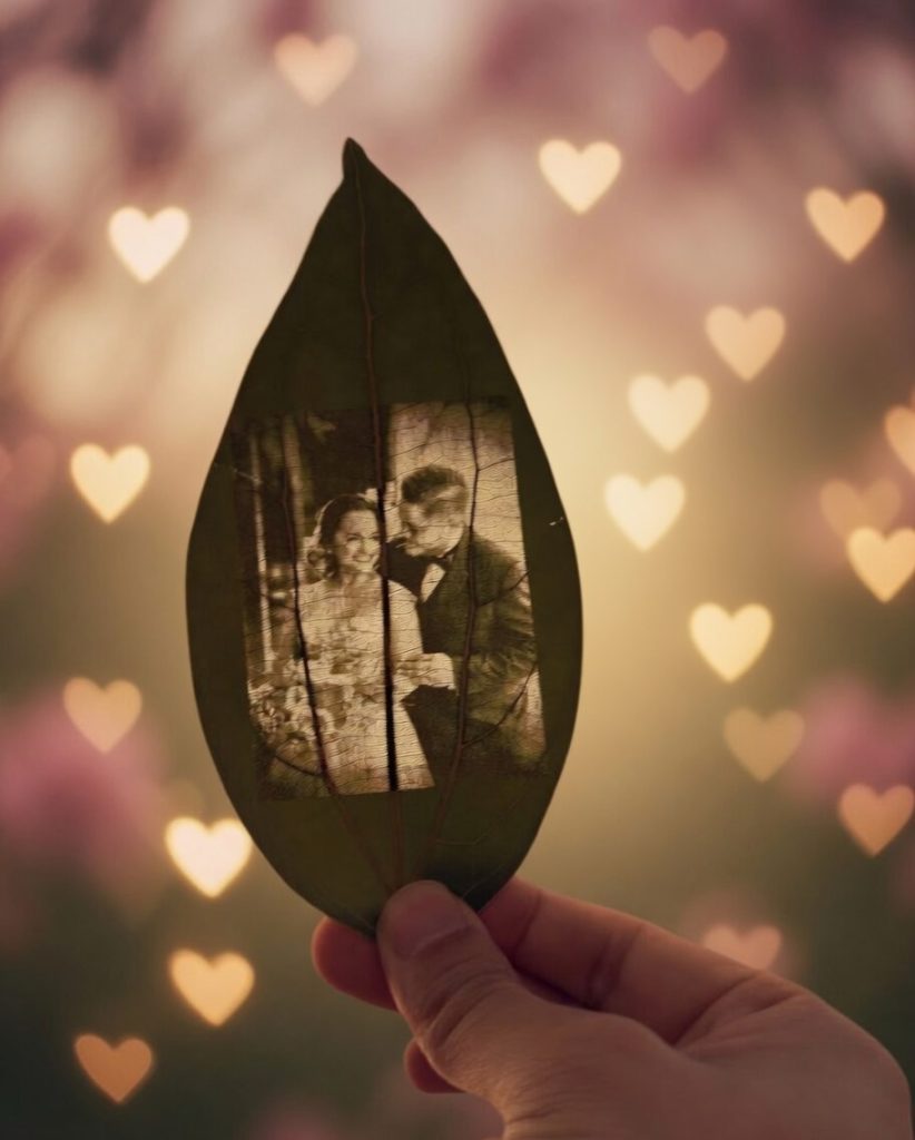 Wedding portrait of a bride and groom in an intimate moment, artistically embedded into a large preserved leaf.