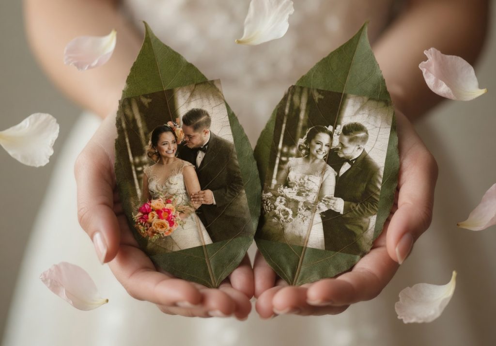 Romantic preserved leaf keepsake featuring a black and white wedding photo of a bride and groom.