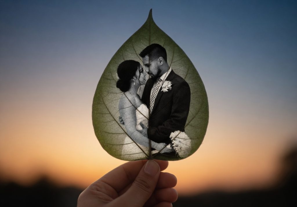 Romantic wedding couple photo preserved on a real leaf against sunset.