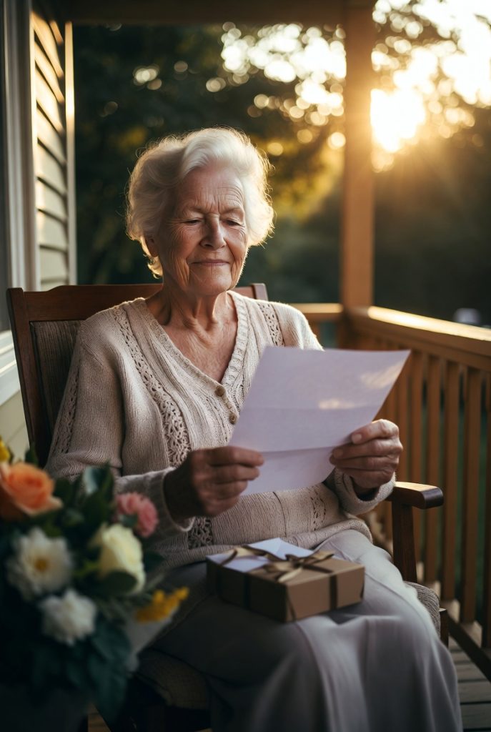 Emotional moment with long distance mother's day. Mom reading family letters from afar.