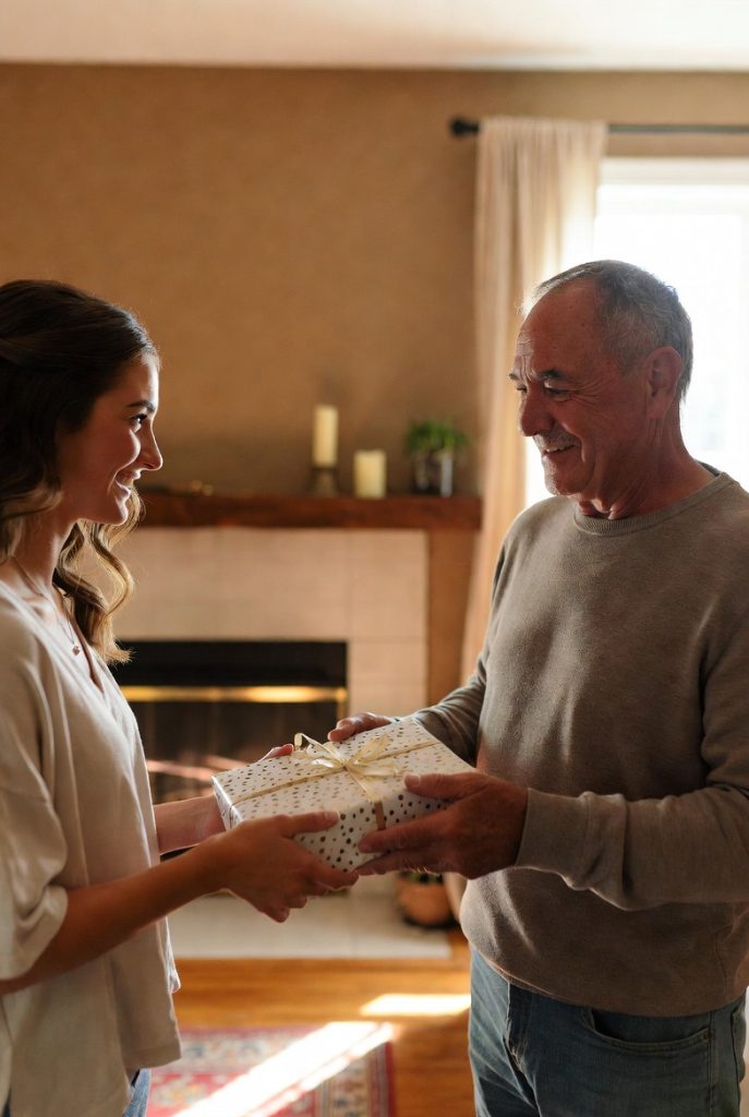 Girlfriend giving thoughtful Father's Day gift to boyfriend's dad – warm family moment