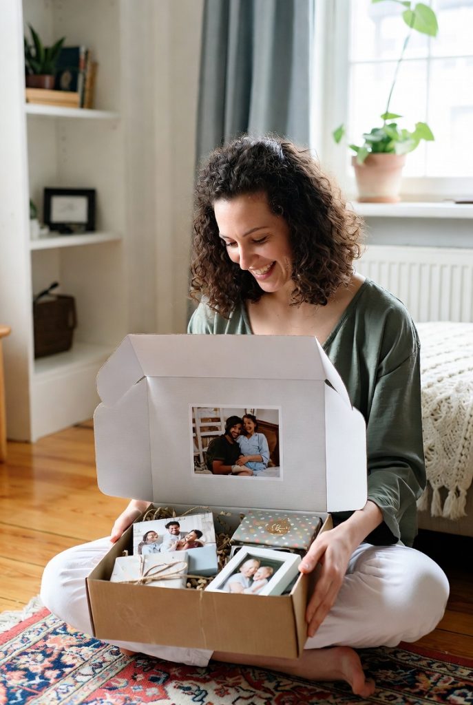 Happy mom opening long distance mother's day gifts from her children – emotional family connection