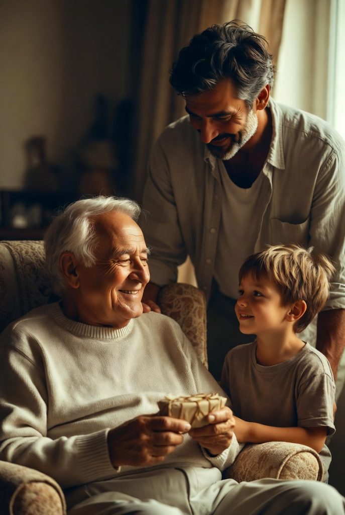 Heartwarming moment of older dad celebrating Father’s Day with family – meaningful gift.