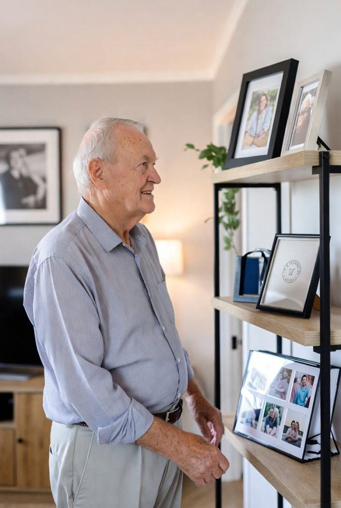 Older dad proudly displaying meaningful personalized gifts at home