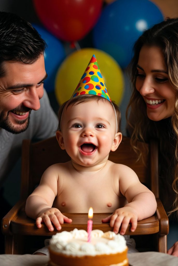 Happy baby celebrating first birthday with family – joyful 1st birthday moment