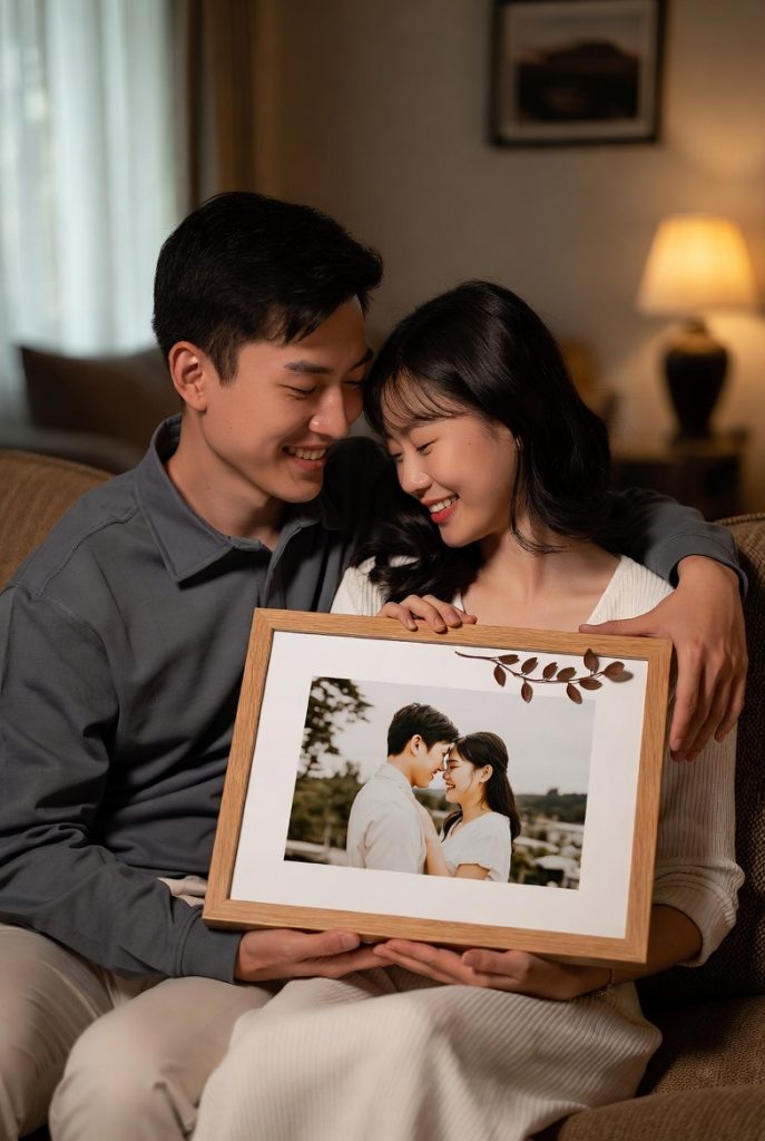 Romantic couple admiring personalized leaf art as a meaningful 1 Year Anniversary Gift.