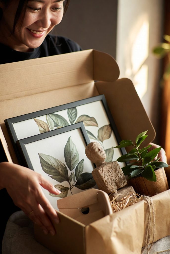 Person unboxing a special Nature Inspired Decor gift for their home