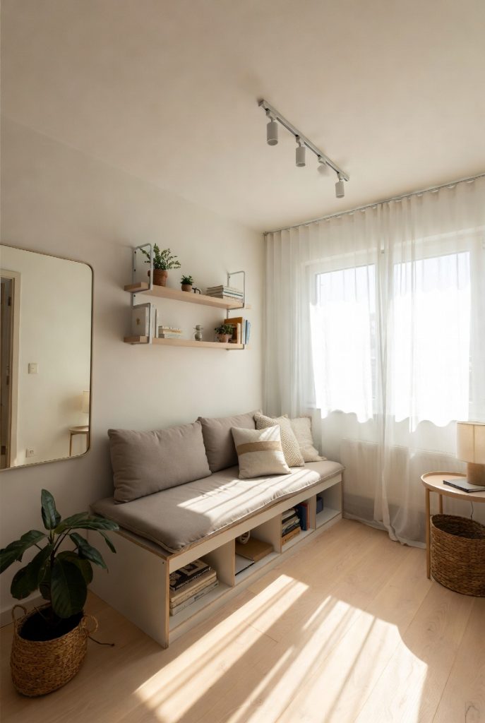 Bright small living room with smart decor ideas with light colors and space-saving furniture