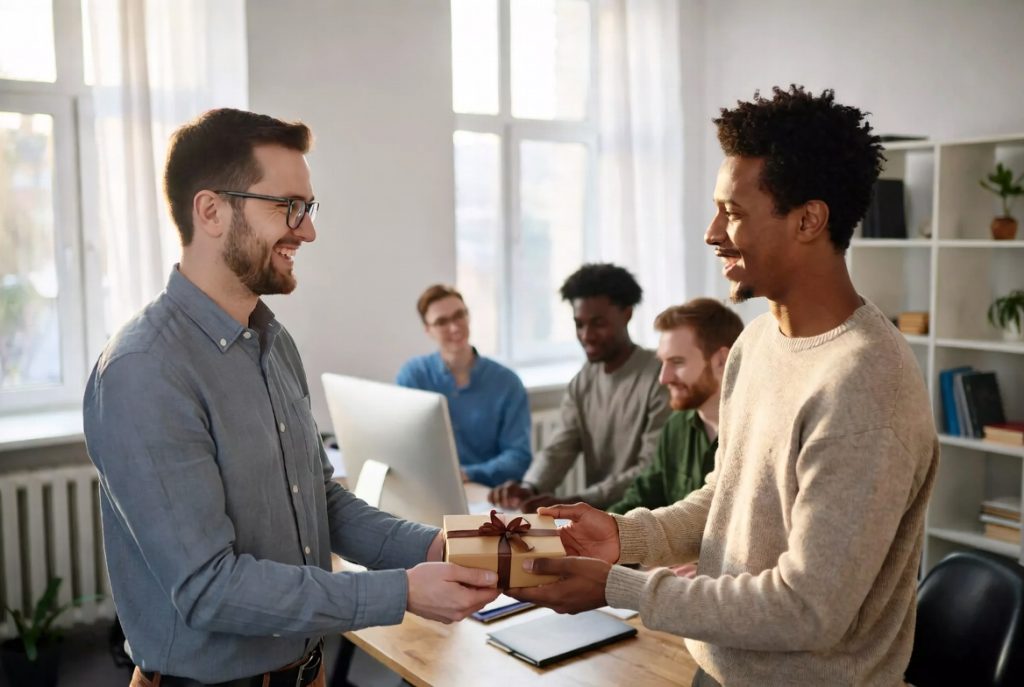 Employee receiving a meaningful custom corporate gift during recognition at work