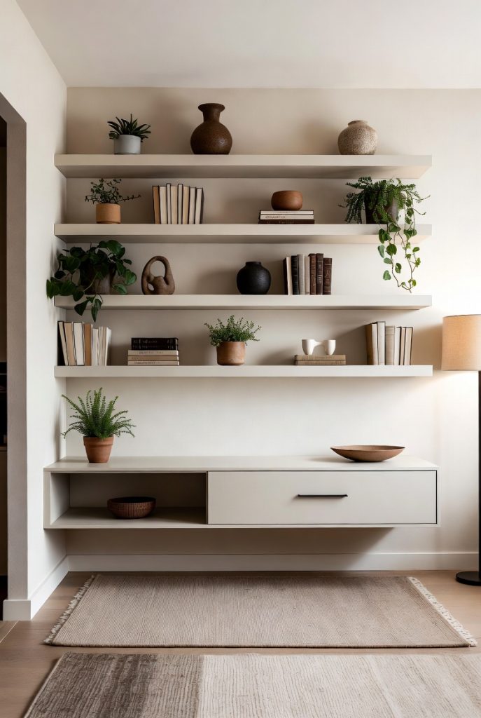 Creative vertical storage ideas in a small living room with floating shelves and smart decor