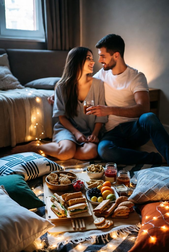 Romantic homemade indoor picnic date as a thoughtful no money gift for girlfriend