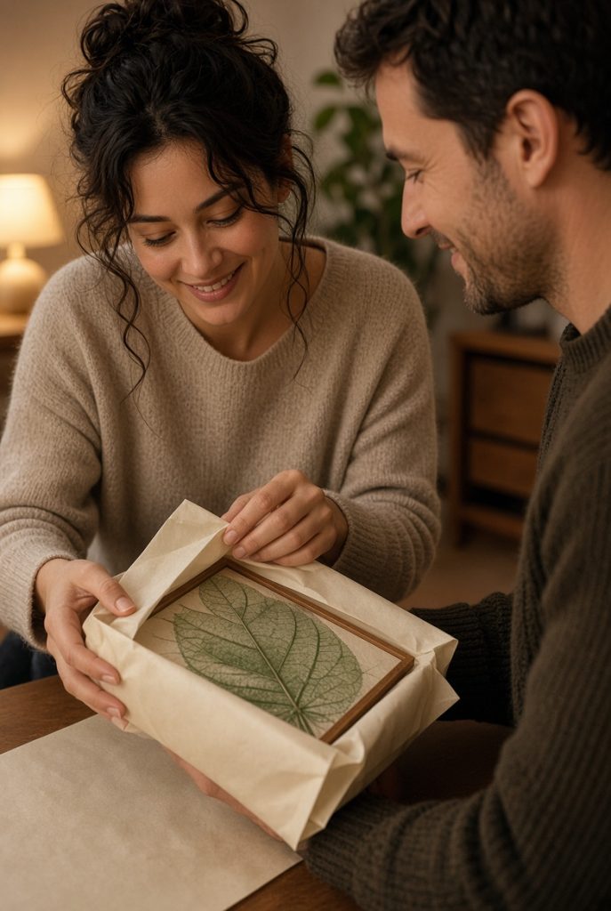 Emotional moment of giving a customised photo gift on leaf for a special occasion